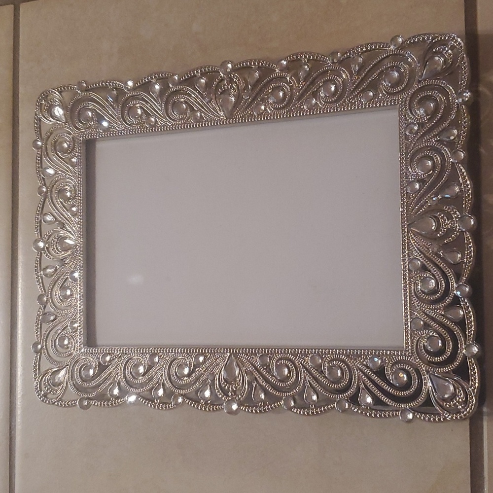 Silvertone Rhinestone Scroll Picture Frame 4x6 Photo